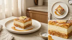 Vrstvený jablečný koláč z listového těsta s tvarohem a vanilkovým pudinkem