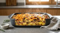 Zapékané brambory s houbami, slaninou a sýrem: poctivý oběd z jednoho pekáče