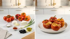 Pečená rajčata a papriky plněné mozzarellou a brynzou – šťavnaté i bez masa