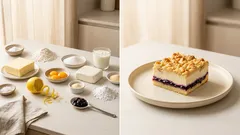 Tvaroháček s borůvkovou marmeládou a drobenkou: vláčný koláč na plech, co drží tvar