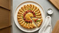 Slaný koláč ve tvaru sluníčka: listové těsto, kuře, sýr a pečená cherry rajčátka