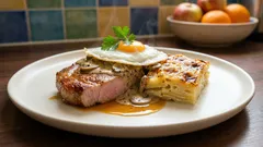 Marinovaná krkovička s volským okem – gratinované brambory a houbová omáčka