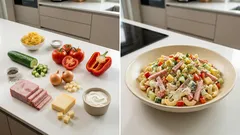 Těstovinový salát se šunkou a zakysanou smetanou: rychlá večeře z lednice