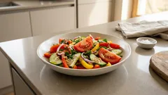 Letní zeleninový salát s rajčaty a okurkou: ořechovo-česnekový dresink to posune dál